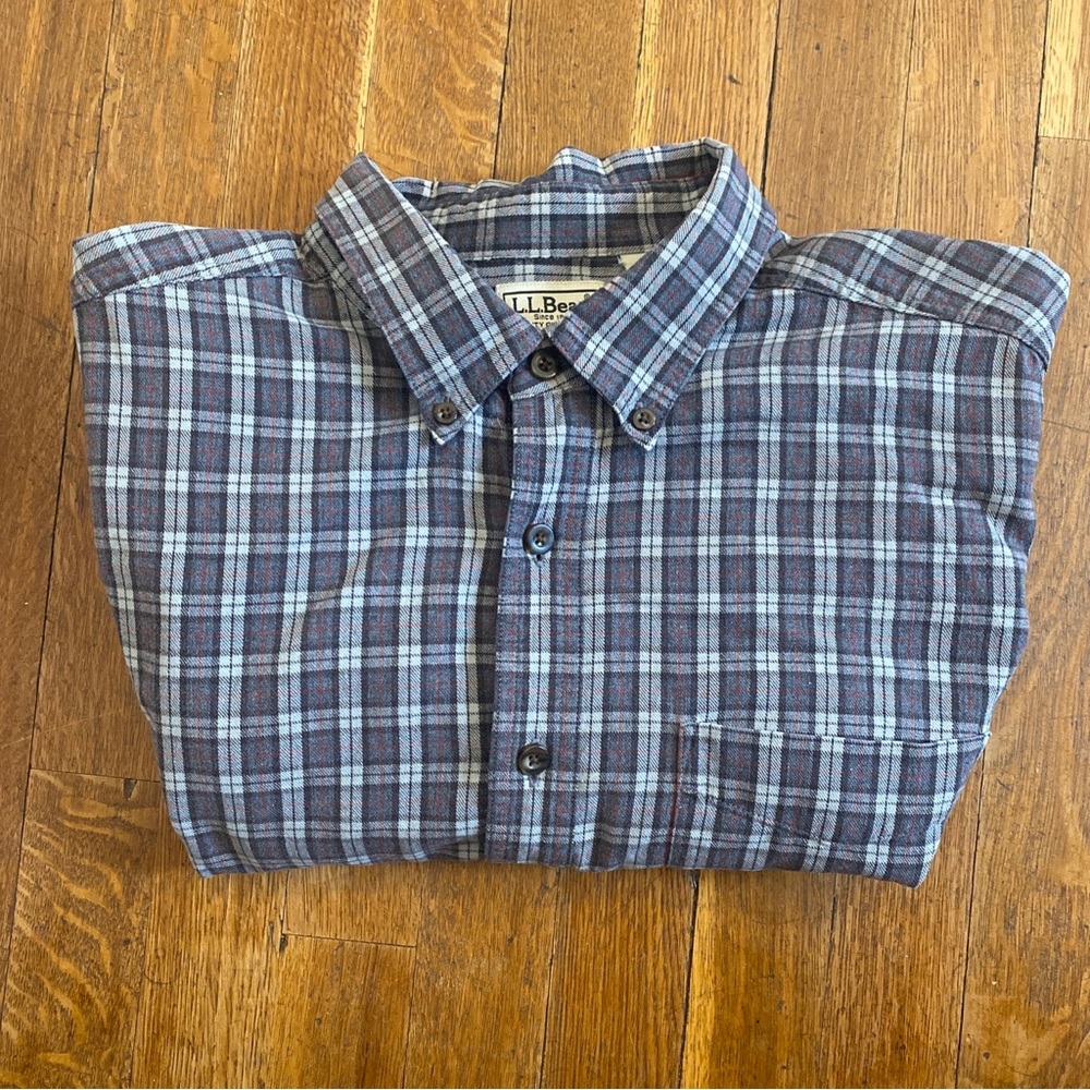 L.L. Bean Mens XL Button Down Shirt Cotton Flannel Long Sleeve Gray Plaid
